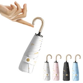 Mini Travel Folding Umbrella with Hook Hanger - Golden Butterflies & Stars Design, Teflon Coating & 6 Ribs, UPF 50+ UV/Sun Protection, Compact for Women Adults (Fits in Bag/Backpack, White