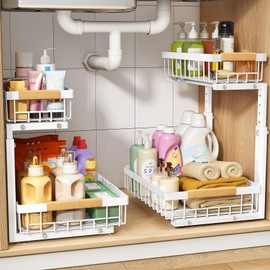 PXRACK 2 Pack Under Sink Organizer,Adjustable Height,2 Tier Pull Out Under Cabinet Organizer,Slide Out Thickened Metal Under Sink Storage for Kitchen Bathroom Laundry Cabinet Pantry,White(L)