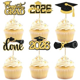 Gold Graduation Cupcake Toppers 2026, 36pcs Glitter Cupcake Toppers for Class of 2026 Party Decoration Cap Diploma Done Congrats Grad Picks for Food Dessert Graduation Party Supplies