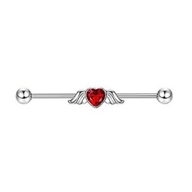 Pierced Owl 14GA 316L Stainless Steel Red CZ Crystal Heart with Wings Industrial Barbell