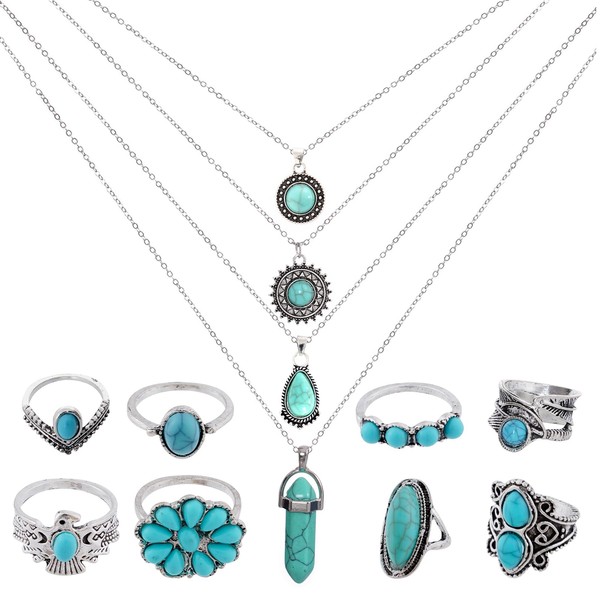 Yymobt 12 Pcs Turquoise Necklace Rings Set Western Adjustable Rings