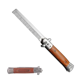 Stainless Steel Compact Portable Automatic Switch Folding Comb Mini Size Coarse Tooth Comb Scalp Comb Hair Comb Men (Color: Mahogany Handle)
