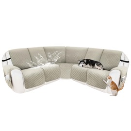 SYJOVIA Reclining Sectional Couch Covers 100% Waterproof Velvet L Shape Recliner Sofa Cover for Dogs Pets Washable Anti Slip Recliner Slipcovers with Pockets (5 Seat Sofa, Light Gray)