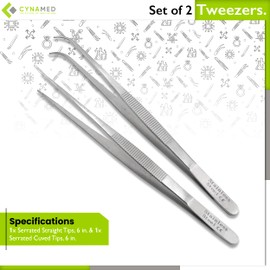 Cynamed Premium Stainless Steel Semken Dressing & Tissue 6 in. Tweezers - 2-Piece Precision Medical & Lab Thumb Forceps Set