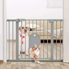 Babelio Auto Close Baby Gate with Small Cat Door, 29-43" Metal Cat Gate for Doorway, Stairs, House, Easy Walk Thru Dog Gate with pet Door, includes 4 Wall Cups and 3 Extension Pieces, Gray
