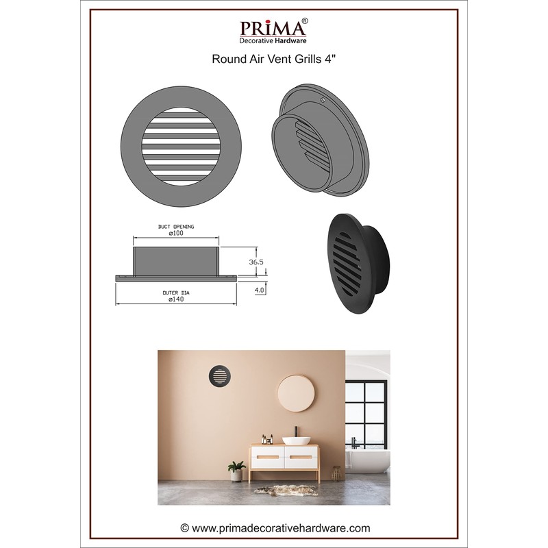 Prima Decorative Round Air Vent Duct Grille 4" (White)