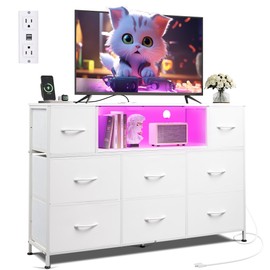 WLIVE White Dresser for Bedroom, TV Stand for Bedroom for 50, 55 inch TV with Charging Station and LED Lights, Fabric Chest of Drawers with Open Shelves, 8 Drawer Dressers for Living Room, Closet