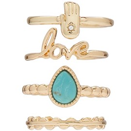 Lucky Brand Turquoise Love Ring Stack, Gold, Size 7