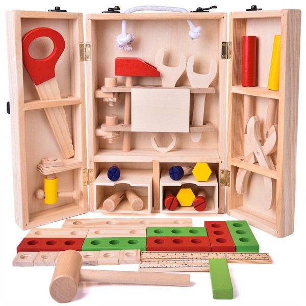 FUN LITTLE TOYS Tool Kit for Kids Wooden Tool Box with 42 pcs Wooden Tools, Christmas Birthday Gift for 2 3 4 5 6 Year Old Toddlers Boys Girls