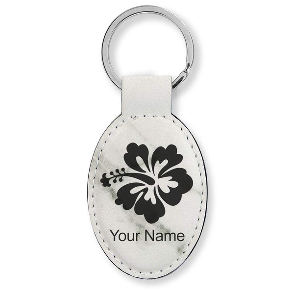 LaserGram Oval Keychain, Hibiscus Flower 1, Personalized Engraving Included (White