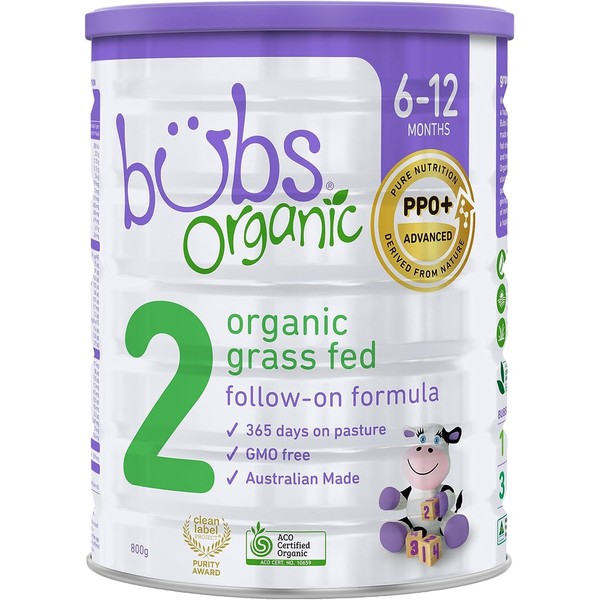 Bubs Organic Grass Fed Follow-On Formula Stage 2, Infants 6-12 months, Made with Non-GMO Organic Milk, 28.2 Oz