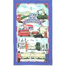 London Landmarks Tea Towel Souvenir Gift Street Names Scenes Blue UK Collage GB