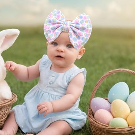 YanJie 7" Easter Headbands Egg Bows Headbands Girls Newborn Infant Nylon Hairbands Bunny Headband Easter Hair Accessories White Purple Party Costume
