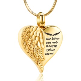 Minicremation Cremation Jewelry for Ashes Heart Urn Necklace Pendants Ashes for Women Men Keepsake Memorial Angel Wing with Charm Heart for Loved Ones (Gold-Your)