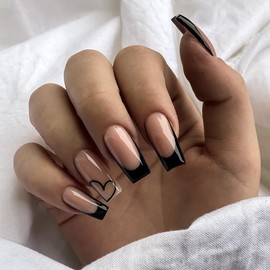 24Pcs French Tip Press on Nails Long Square Valentines Fake Nails Coffin Nail Tips Full Cover Artificial False Nails with Heart Design Valentines Day Acrylic Nails for Women DIY Valentines Day Nails
