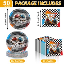 50Pcs Monster Truck Party Plates and Napkins Racing Car Party Decorations Monster Truck Party Disposable Race Car Tableware Set Serves 25 Guest Dinnerware Kids Boys Birthday Baby Shower Party Supplies