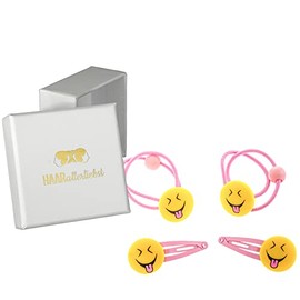 HAARallerliebst Hair Accessories Set (4 Pieces | Emojis with Tongue | Pink Yellow) for Girls with Storage Box (Box Colour: White)