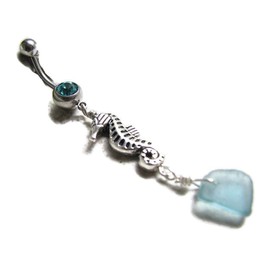 Seahorse and Aqua Beach Glass Belly Button Piercing