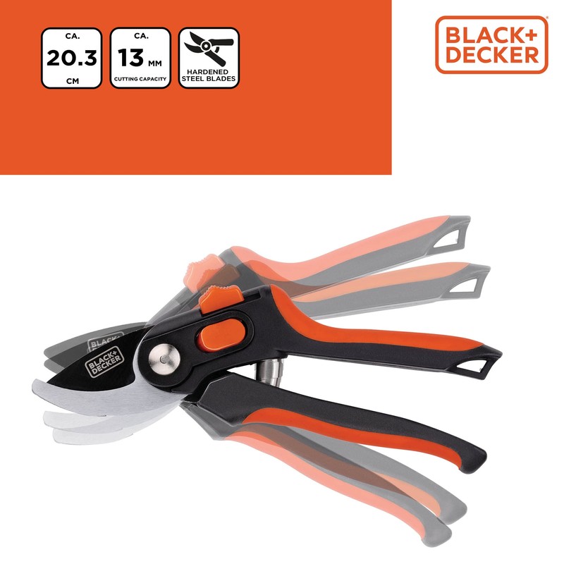BLACK+DECKER Secateurs - 20.3 cm - Hardened Steel Blades -