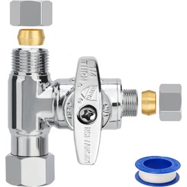 WiseWater 3/8" Tee Stop Valve, 2 PACK, Heave Duty Brass Angle Stop Add-A-Tee Valve, 1/4" x 3/8" x 3/8" for Refrigerator, Ice Maker, Coffee Brewers, Water Filters