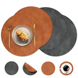 Pixieora Round Placemats and Coasters Set of 4, Washable Reversible Faux Leather Placemats Cowhide Pattern Place Mats Wipeable Non-Slip 15 inch Round Kitchen Dining Table Mats (Gray Brown, 4)