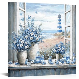 HOMEOART Lighthouse Canvas Wall Art Ocean Beach Seascape Decor Art Prints Framed Coastal Picture,Blue Bathroom Decor,Beach Bedroom Living Room Decoration Artwork 24inchx24inch