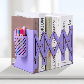 Honagu Adjustable Bookends, Metal Book Ends for Shelves Heavy Book, Desk Magazine File Organizer for Home, Office, Books, Papers, Extends up to 19 inches with Pen Holder (Purple)