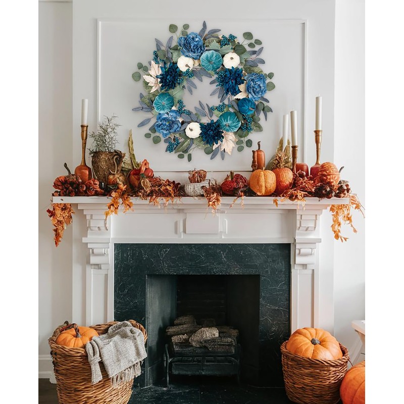 Briful 26" Blue Fall Wreath with Velvet Pumpkins, Faux Peonies