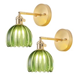LINSEEDS Wall Sconces Set of Two Hardwired, Vintage Wall Sconce Light with Tulip Green Glass Lampshade, Bathroom Wall Sconces with Switch, Gold Wall Light Sconces Wall Decor Set of 2