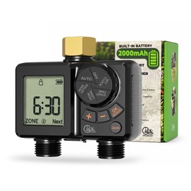 GIEX Rechargeable Sprinkler Timer 2 Zone, Programmable Water Hose Timer 2 Outlet with Brass Inlet, Built-in Rechargeable Battery, Rain Delay & Manual Watering for Garden, Lawn, Yard