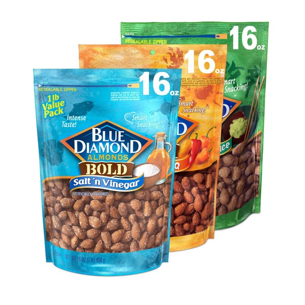 Blue Diamond Almonds Bold Variety Pack - Salt N' Vinegar, Habanero BBQ, and Wasabi & Soy Sauce Flavored Snack Nuts, 16 Oz Resealable Bags (Pack of 3)