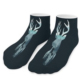 1 Pair Unisex Sock Short Socks, Compression Crew Knee High Short Athletic Soft Circulation Socks for Running Sports 8x3.7 in Print Reindeer Deer Head on Landscape with Trees and Mountains on Dark