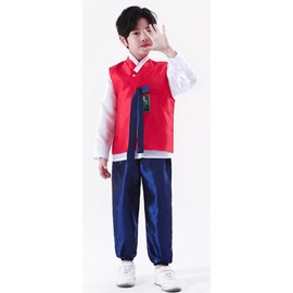 CBTRFASHION Boys Traditional Korean Dolbok Shirt Top Vest Costume Asian Pants Suit Set Outfit (Red, 6-7 Years)