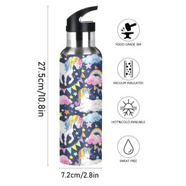 Stainless Steel Water Bottle with Straw, Cute Unicorn Insulated Drink Flask Sports Water Bottle for Kids Adults, Leakproof, 600ml
