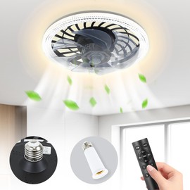 Ceiling Fans with Lights and Remote, Socket Fan Light Flush Mount Ceiling Fans, Low Profile Ceiling Fans Light That Screws Into Light Socket, 3000K-6000K Dimmable Modern Fan Lamp for Bedroom (Black)