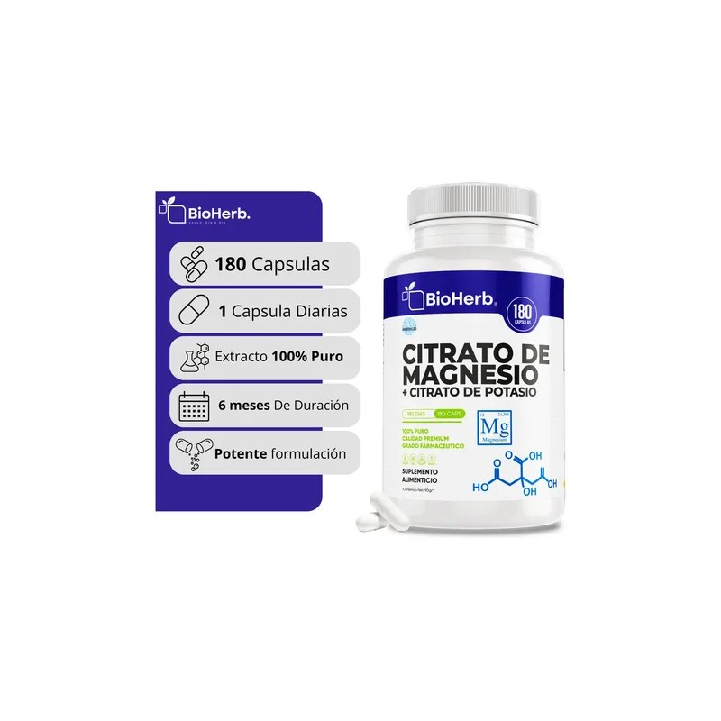 Bioherb Citrato Magnesio Potasio Extremadamente Eficaz 180 Cápsulas Meses Apoyo