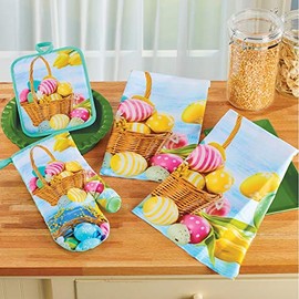 Dish Towel Set - Printed Easter Basket Filled with Easter Eggs Two Kitchen Towels One Hot Pad and One Mitt with Aqua Spatula (5 Item Bundle)