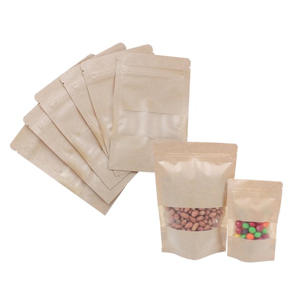 24/7 Bags 200 Count Resealable 5.5 x 7.8 inch Kraft Bags with Matte Window, Heavy Duty Ziplock, Heat Sealable Compatible, Store Treats and Homemade Goods
