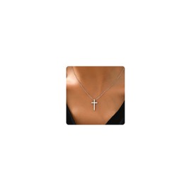 foyjoey White Gold Simple Cross Necklace for Women Stainless Steel Plain Cross Faith Pendant Necklace Dainty Confirmation Jewelry Gift