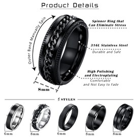 SAILIMUE 6 Pcs 6/8 MM Black Spinner Rings for Men Women Stainless Steel Fidget Ring Anxiety Stress Relieving Cool Chain Fashion Ring Set Wedding Promise Band Rings Size 10