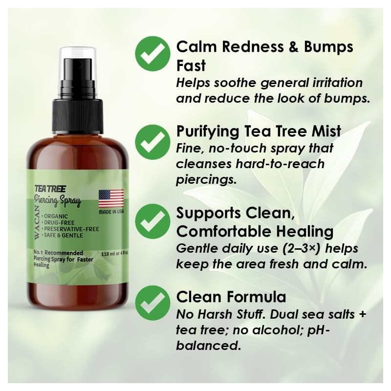 Wacan Advanced Tea Tree Piercing Spray, Saline Aftercare Piercing Cleaner