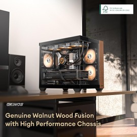 Okinos Genuine Walnut Wood PC Case, Pre-Installed 4 x 120mm ARGB & PWM Fans, Type-C Port, Panoramic View Tempered Glass Side Panel, Black, ATX Case, Mid-Tower, Mirage 6