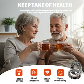 Smart Health Ring for Women Men, Smart Ring Fitness Tracker for iOS Android, Heart Rate, Blood Oxygen, Blood Pressure, Sleep Monitoring,5ATM Waterproof, No Subscription Fee (Silver, 8#)