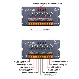 TOPAI LED Strip Dimmer, 5 Knob Control LED Strip Dimmer, DC 12V-24V 50A PWM Dimmer Controller, LED Dimmer Switch, for Brightness Adjustment of Monochrome COB, SMD LED Strip