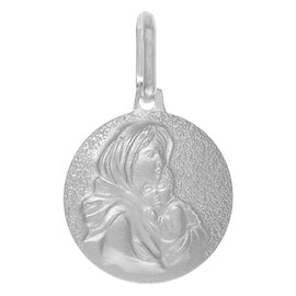 15mm Sterling Silver Blessed Mother Christ Medal Necklace for Women 5/8 inch Round Sandstone Finish Italy 18 inch BX_15