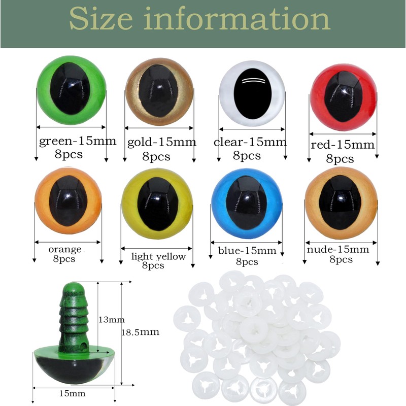 ARTCXC 64Pcs 15mm 8Colors Flat Pupils Plastic Safety Eyes Craft