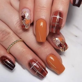 24Pcs Fall Press on Nails Medium Square Fake Nails with Maple Leaf Design Autumn Glossy Glitter French Line Stick on Nails Full Cover Artificial Glue on Nails Thanksgiving Day Manicure for Women Girl