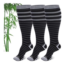 AMITOFO Plus Size Compression Socks Wide Calf for Women & Men, Bamboo Viscose 15-20 mmHg Knee High Support for Running Travel Nurses Pregnancy, Black/Grey/Navy, 3X-Large