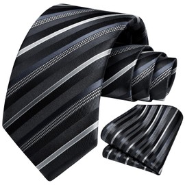 HISDERN Striped Ties for Men Black Men's Tie and Pocket Square Set Classic Formal Silk Stripe Necktie Handkerchief Woven Business Mens Tie for Wedding Party
