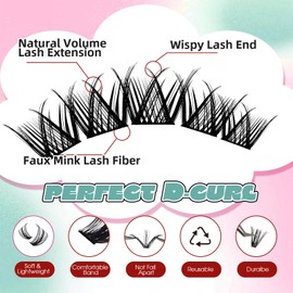 FADVAN Lash Clusters Spikes Eyelash Clusters 0.07 D-Curly Cluster Eyelash Extensions Wispy Individual Lashes Invisible Band Lashes Clusters Thick Volume DIY Lash Extension